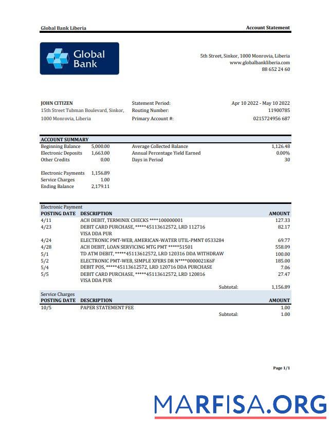 Printable Liberia Global bank statement excel template